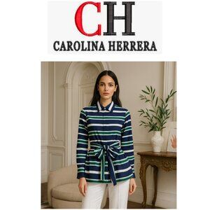 Carolina Herrera Striped Cotton Belted Shirt Dress Top 2 Multicolor Button Down